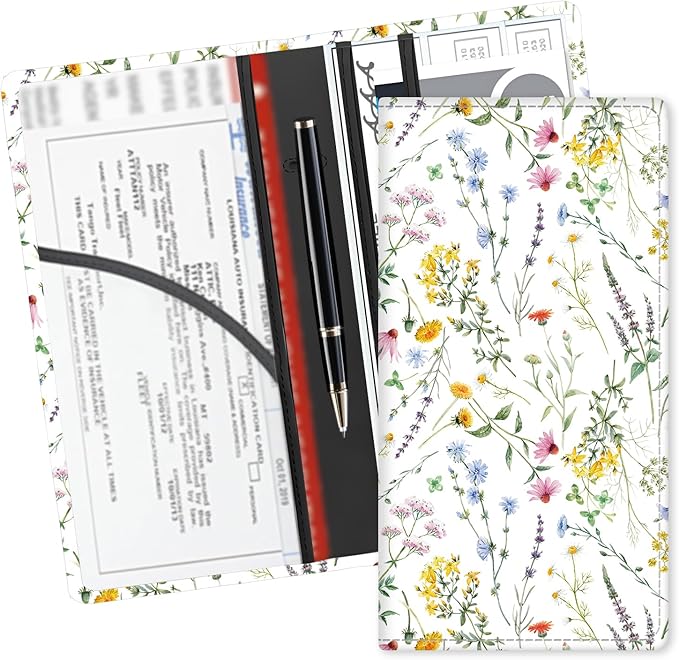 Leather Car Registration and Insurance Card Holder, Cute Car Accessories Vehicle Glove Box Car Organizer for Documents, Cards, License Beautiful White Flowers