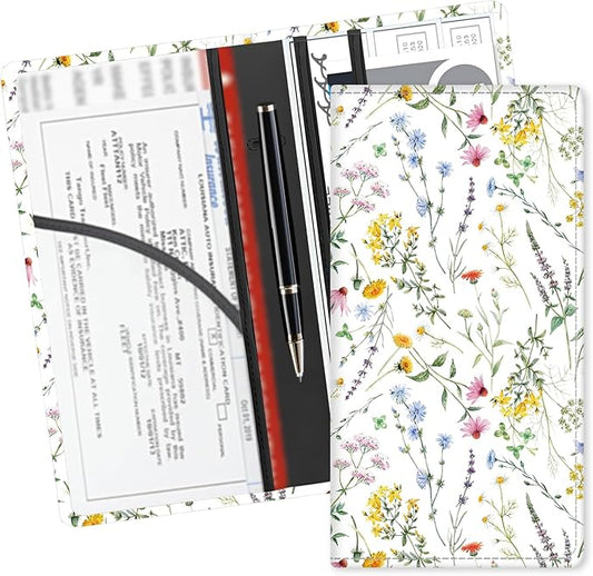 Leather Car Registration and Insurance Card Holder, Cute Car Accessories Vehicle Glove Box Car Organizer for Documents, Cards, License Beautiful White Flowers