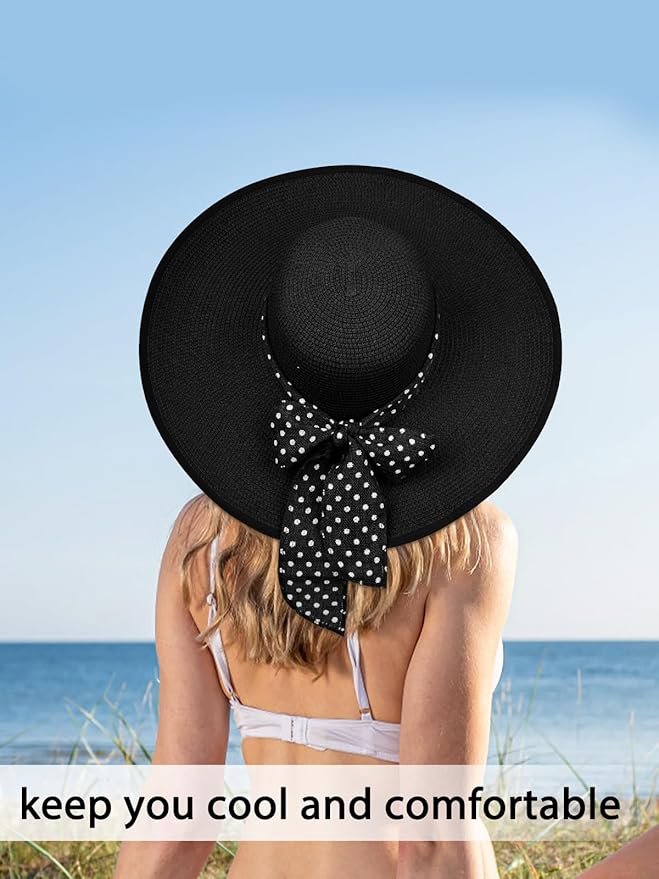 Senker Fashion Sun Hats for Women, Wide Brim Floppy Beach Straw Hat for Summer Travel Vacation Foldable with Sunglasses