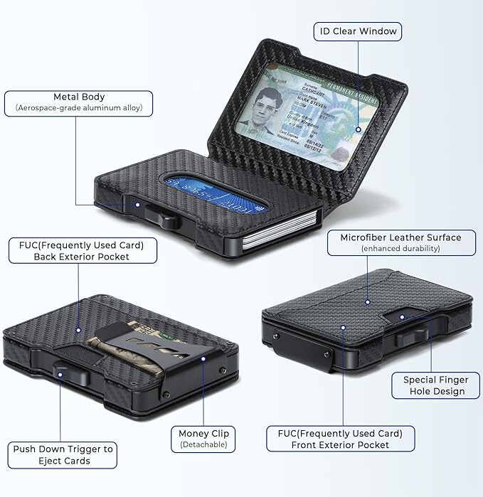 Slim Wallet for Men - Minimalist Mens Wallet with Money Clip, Aluminum Pop Up Card Case and Leather Slots Credit Card Holder RFID Blocking Wallet for Men with Gift Box