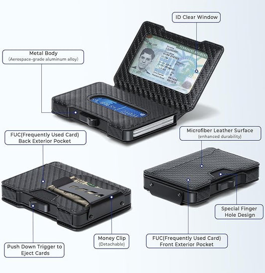 Slim Wallet for Men - Minimalist Mens Wallet with Money Clip, Aluminum Pop Up Card Case and Leather Slots Credit Card Holder RFID Blocking Wallet for Men with Gift Box