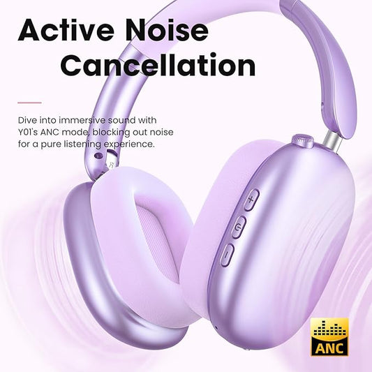 Wentronic Y01 Wireless Noise Canceling Headphones Bluetooth 5.3 Over Ear Headphones with Microphone, Hi-Res Audio, 48H Playtime, Foldable Comfortable Earpads,Compatible with iOS,Android,PC, Purple