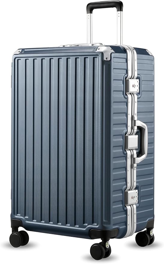 LUGGEX Checked Suitcase with Spinner Wheels, 28 Inch Aluminum Frame Zipperless Polycarbonate Hard Shell Suitcase, Blue