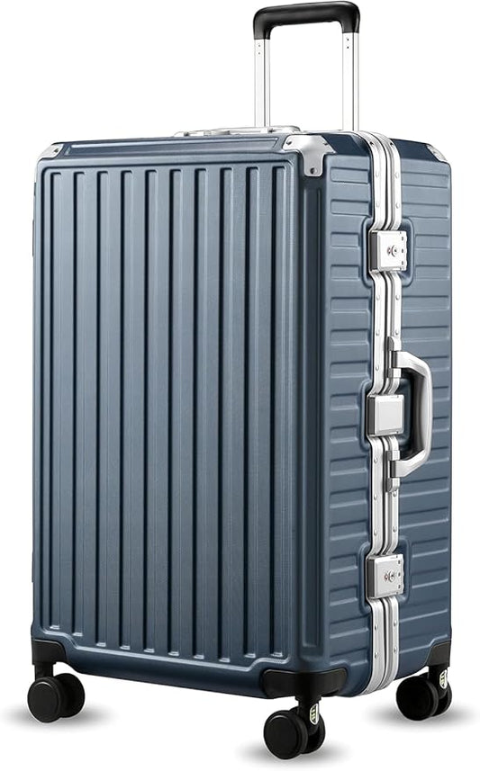 LUGGEX Checked Suitcase with Spinner Wheels, 28 Inch Aluminum Frame Zipperless Polycarbonate Hard Shell Suitcase, Blue