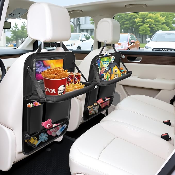 Car Backseat Organizer with Tablet Holder,6 Storage Pockets Car Storage Organizer with Foldable Food Tray,Kick Mats Backseat Protector Travel Accessories (Black)