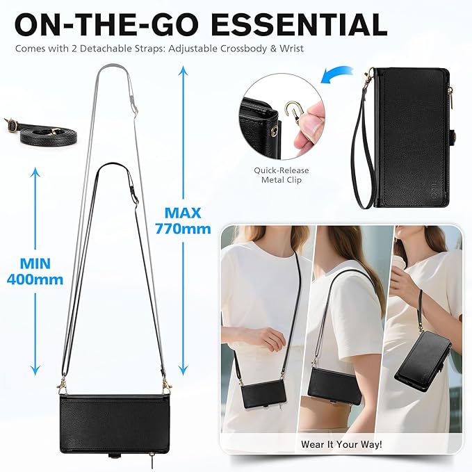 TUCCH Removable Crossbody Case Wallet for iPhone Air 2025, 9 Card Slot RFID Blocking, Stand, Lanyard, Wrist Strap, Wireless Charging, Zipper Pocket, PU Leather, Magnetic Flip Cover, Textured Black