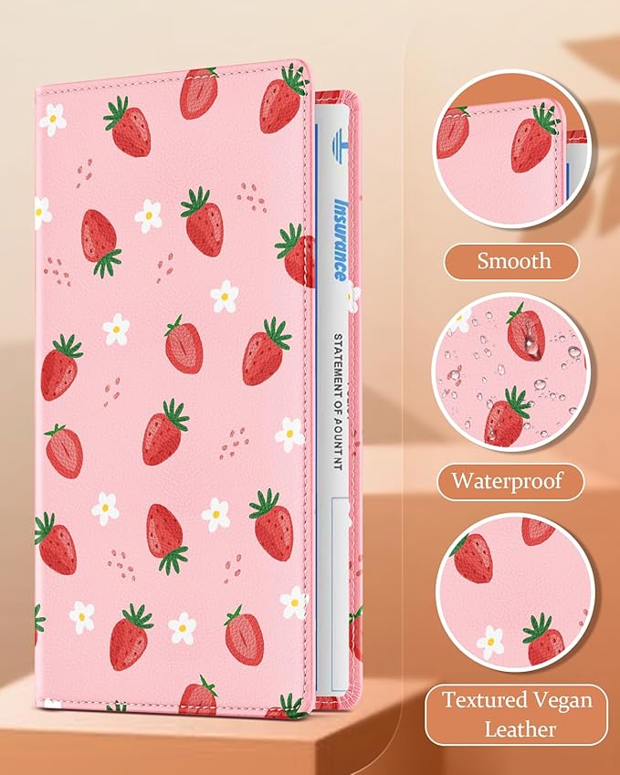 Slohif Car Registration and Insurance Card Holder with Magnetic Shut - Vehicle Glove Box Organizer Women Leather Automobile License Holders Coasters Auto Accessories Case for Document,Strawberry