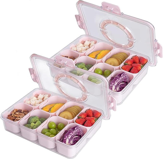 Snackle Box Container with Sealed Lid – Portable BPA-Free Snack Box with Foldable Handle, Divided Serving Tray for Fruit, Candy, Nuts & Veggies – Perfect for Travel, Picnic, Beach & Party 11.8" x 8.8"