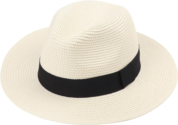 DRESHOW Women Straw Panama Hat Travel Fedora Beach Sun Hat Summer Wide Brim Straw Roll up Hat UPF 50+