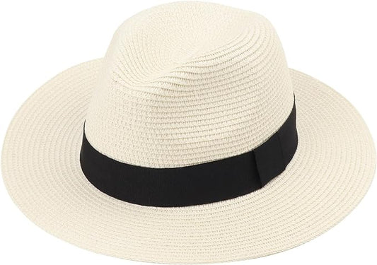 DRESHOW Women Straw Panama Hat Travel Fedora Beach Sun Hat Summer Wide Brim Straw Roll up Hat UPF 50+