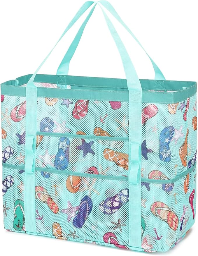 Mesh Beach Bag, Large Beach Tote with Zipper Pocket for Family Pool Bag for Toys & Vacation Essentials