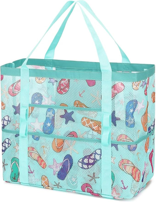 Mesh Beach Bag, Large Beach Tote with Zipper Pocket for Family Pool Bag for Toys & Vacation Essentials