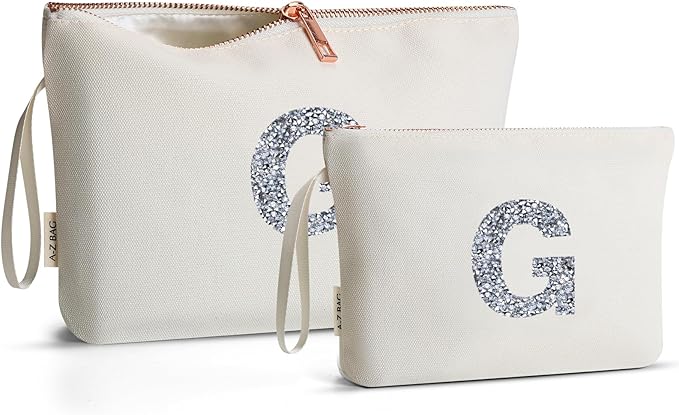 A-Z BAG 2pcs Personalised Makeup Bag Set, Canvas Cosmetic Bag with Rhinestone Initial, Birthday Gifts for Women (G, Beige)