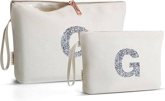 A-Z BAG 2pcs Personalised Makeup Bag Set, Canvas Cosmetic Bag with Rhinestone Initial, Birthday Gifts for Women (G, Beige)