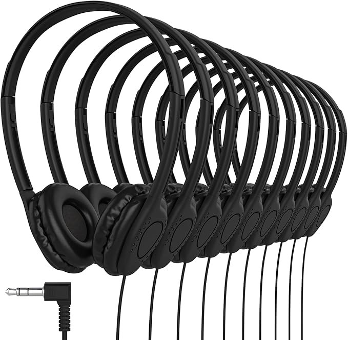 Maeline Bulk Classroom Student Headphones On Ear Stereo Headphones Adjustable Band & Faux Leather Cushions for Kids Online Learning, Library, School, Travel - 3.5mm Plug - 200 Pack - Black