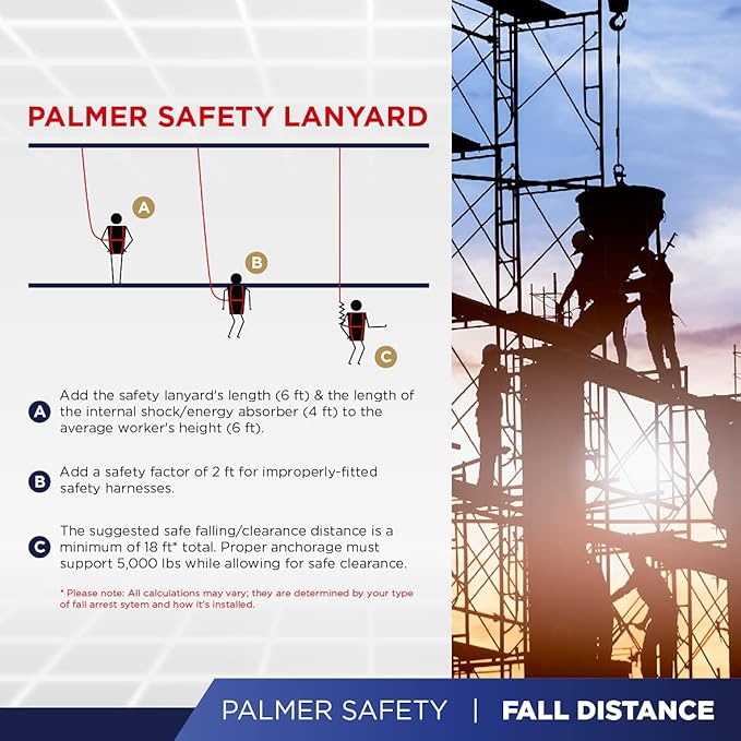 Palmer Safety L122133 6 FT Single Leg Safety Lanyard Internal Shock Absorber w/Pelican Rebar & Snap Hook I OSHA/ANSI Compliant Restraint Lanyards