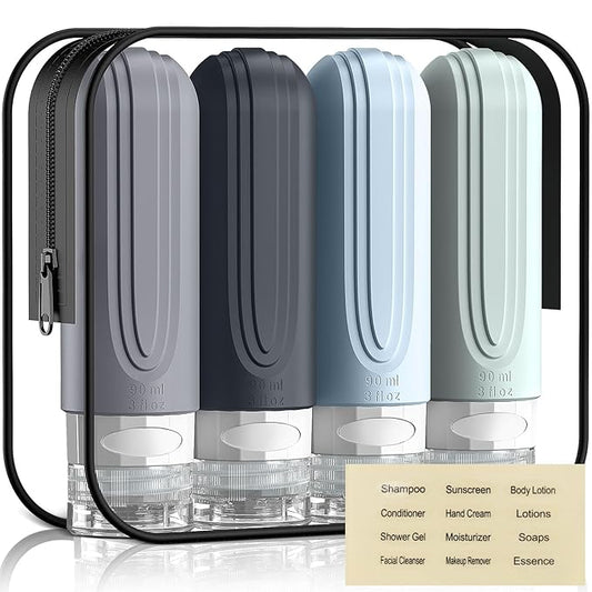 Travel Bottles for Toiletries, 3oz TSA Approved Travel Size Toiletries, Silicone Leak-Proof Refillable Containers, Squeezable Liquid Essentials Bottles W/Clear Bag (GRAY)