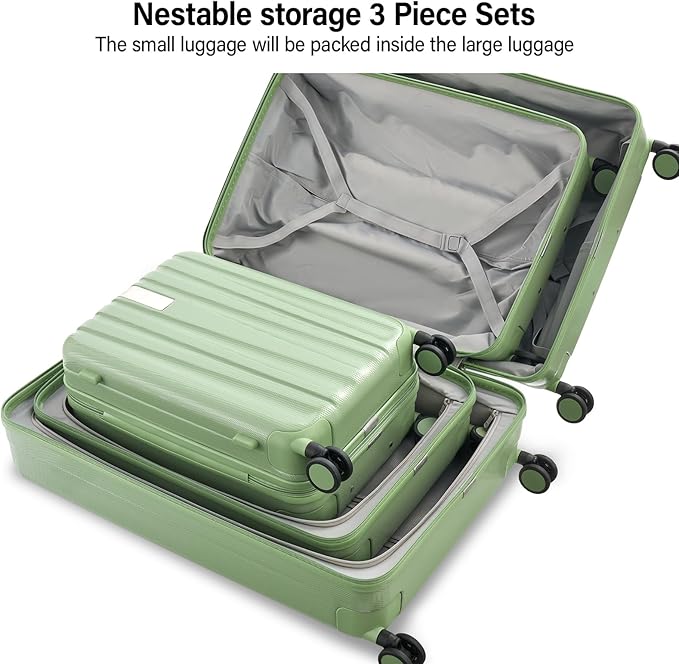 Hanke Hardshell Luggage Sets 3 Piece Extra Large Suitcases with Lock,28 Inch Luggage with Spinner Wheels, PC Travel Suitcase for Women Men 20 24 29Inch,Bamboo Green