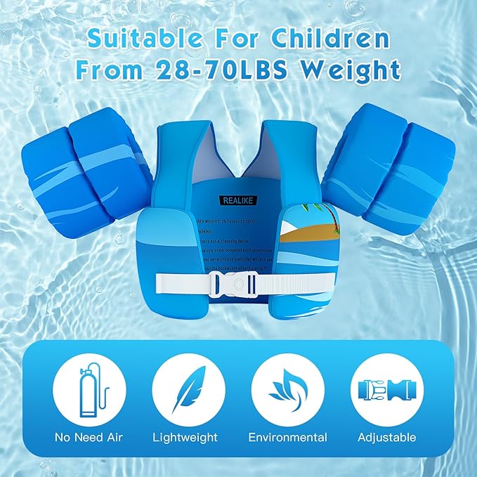 REALIKE Kids Swim Vest for Toddler Floaties Swimming Aids with Shoulder Harness Arm Wings for Children/Infant/Baby,Sea Beach/Pool/Lake, Suitable for 28-70lbs Boys/Girls