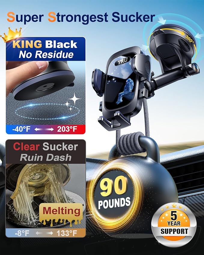 YRU True Military-Grade [360°Rotation Suction] 2025 Ultimate Car Phone Holder Mount[90+LBS Safest Strongest & Patent Certs] Dashboard Windshield Vent for iPhone 17 16 Pro Max Samsung,Blue Black