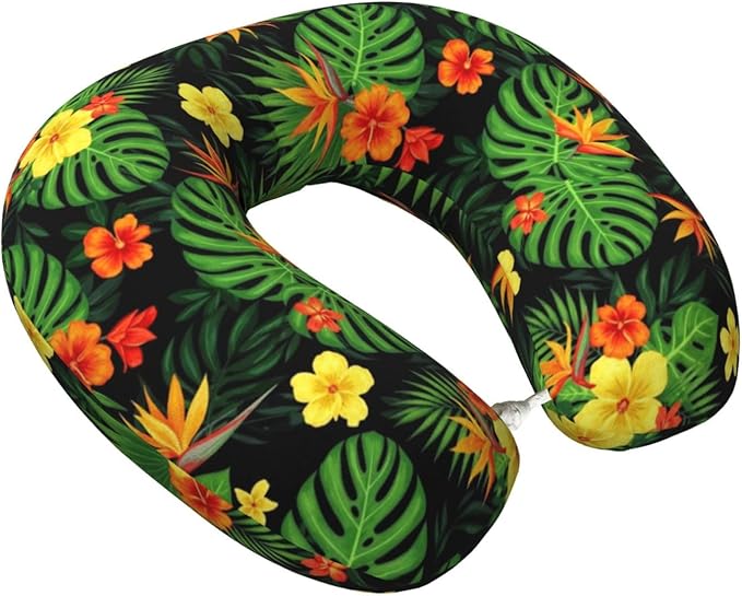 Support Neck Pillow for Youth Travel, Washable Airplane Chin Supporting and Relax U Shaped Pillows Tropical Hawaiian Hibiscus Flowers