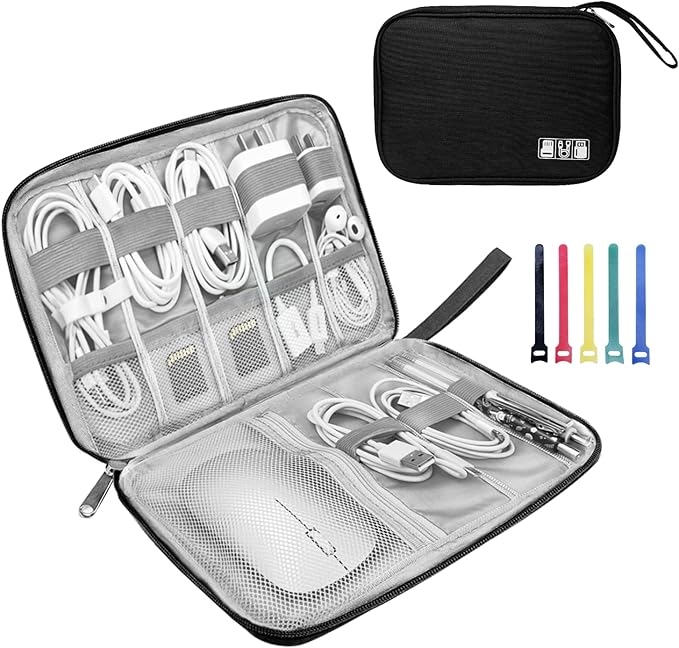 Electronics Organizer Travel Case,Electronic Accessories Storage Bag,Portable Waterproof Cable Organizer Bag,with 5 Cable Ties，for Travel,Work-Black