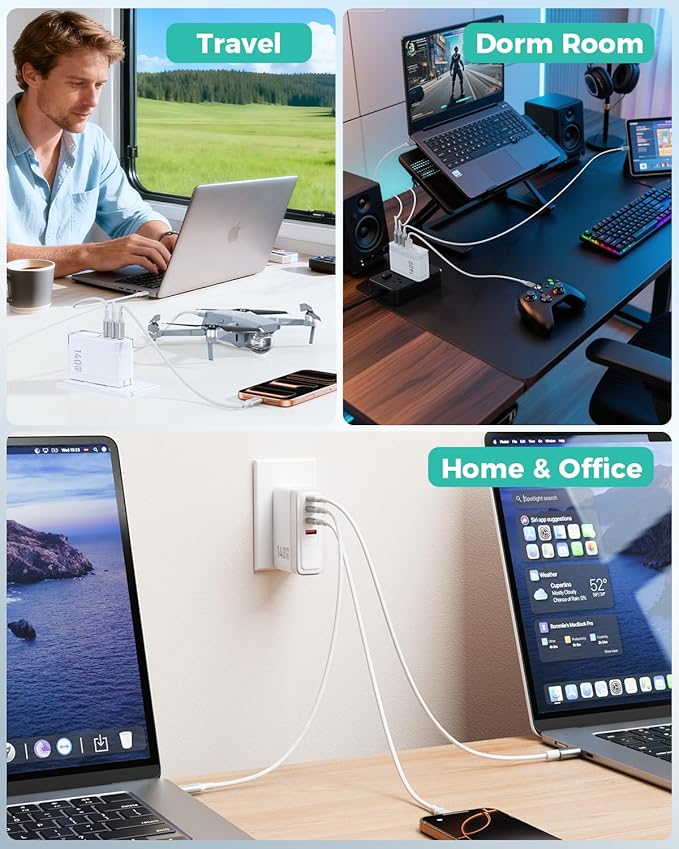 SparkleCore 140W MAX USB C Charger,4-Port Fast Charging Block PD3.1 GaN Travel Essentials Laptop Charger for Apple MacBook Air/Pro,iPhone 17/16,iPad Pro,Samsung,Pixel,DJI,6.6ft USB C Cable