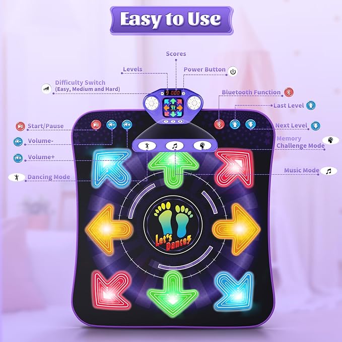 Dance Mat Toys for 3-12 Year Old Kids, Kids Dance Mat with Light-up 8-Button Wireless Bluetooth, Dance Pad Toy with 5 Game Modes, Christmas Birthday Toys Gifts for 3 4 5 6 7 8 9 10+ Year Old Girls