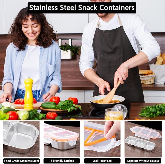 Ahongwenxi Stainless Steel Snack Box Containers, Reusable 3 Compartment Condiment Box with Lids, Food Container Sauce Cups, Divided Food Storage Containers for Home and Travel (Clear Lid)