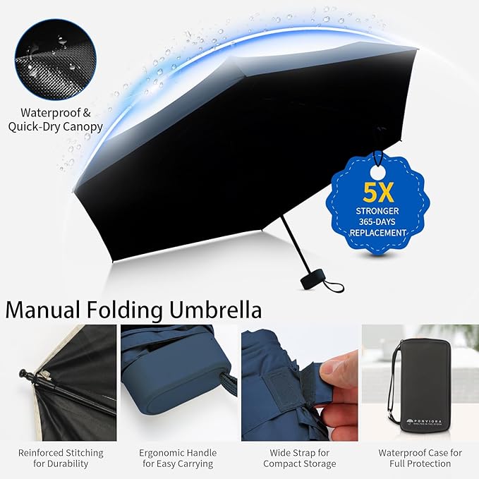 Compact Mini Windproof Travel Umbrella-UPF 50+ Sun & Rain Protection, Small Folding Design Fits in Pocket or Purse, Lightweight Portable with Case for Women, Men & Kids