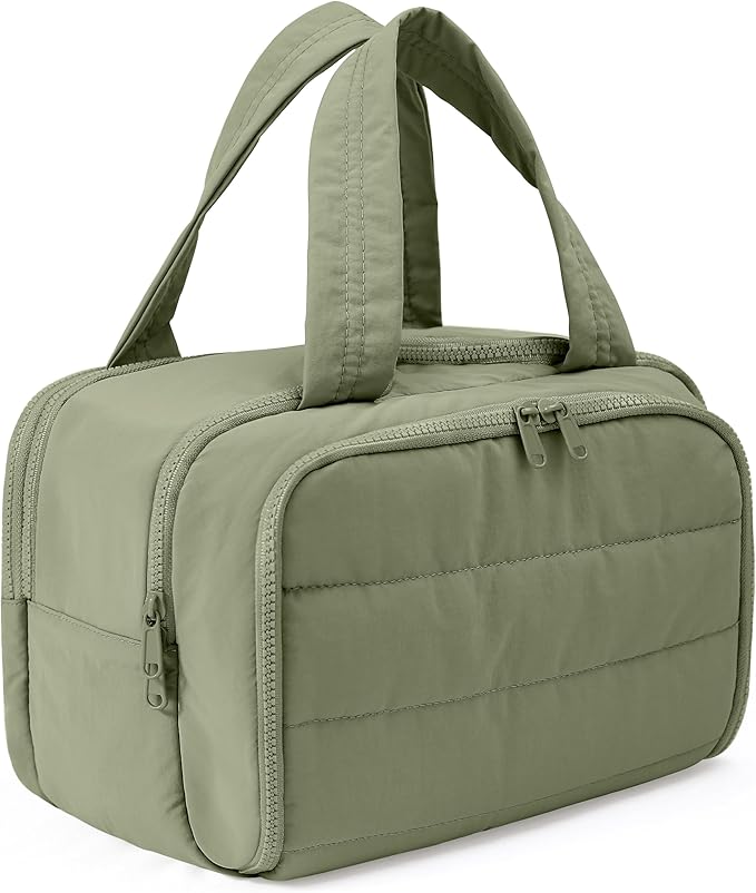 Travel Toiletry Bag for Women, Large Wide-open Puffy Cosmetic Makeup Bag with Wet-Dry Separation, Multi-Pocket Organizer with Carry Handle for Toiletries, Cosmetics, Essentials, Green