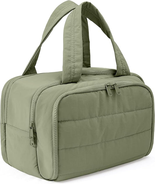 Travel Toiletry Bag for Women, Large Wide-open Puffy Cosmetic Makeup Bag with Wet-Dry Separation, Multi-Pocket Organizer with Carry Handle for Toiletries, Cosmetics, Essentials, Green