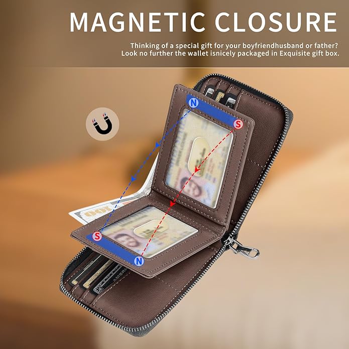 Men’s RFID Blocking Zipper Wallet with 2 ID Windows - Large Capacity Design, 13 Credit Card Slots