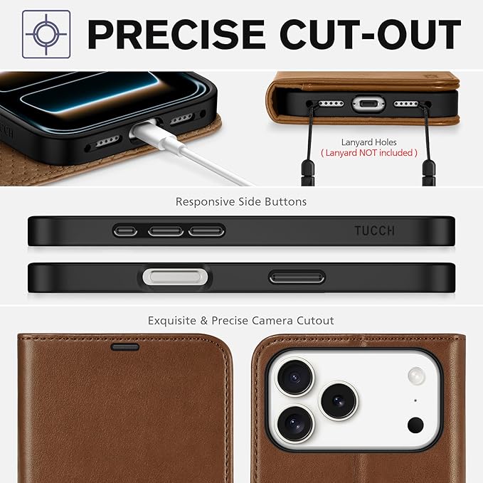 TUCCH Wallet Case for iPhone 17 Pro Max (6.9") 2025, 4 Card Slots | RFID Blocking | Stand | PU Leather | Magnetic Closure | Protective Flip Folio Cover | Shockproof TPU Shell | Brown