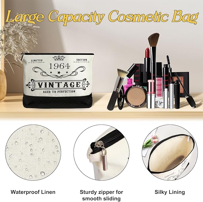 YeohJoy 61st Birthday Gifts for Her Canvas Tote Bag Travel Gear, Unique 61 Years Old Birthday Gifts for Girlfriend Sister Friends Women, Vintage 1964 Handbag & Cosmetic Bag & Back in 1964 Poster