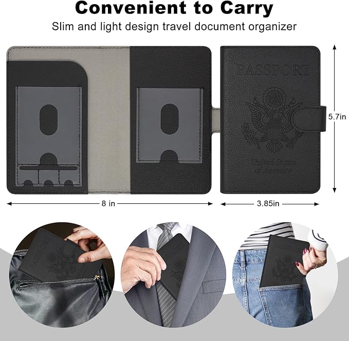 RSAquar Passport Holder for Women and Men, Premium PU Leather Travel Passport Wallet RFID Blocking Passport Cover Travel Documents Organizer (JD-Black)