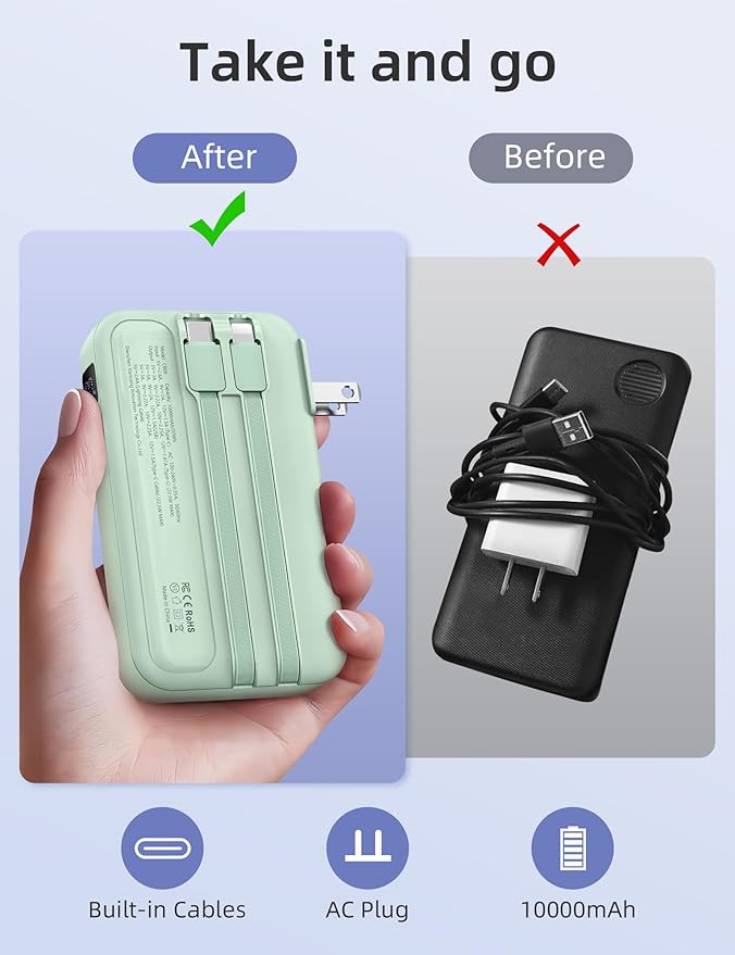 RORRY Portable Charger Built in Cables, AC Wall Plug In Portable Charger Power Bank 10000mAh Travel Battery Pack 22.5W Fast Charging for iPhone 17/16/15 Samsung Galaxy S24/S23/S22 Pixel LG iPad, Green