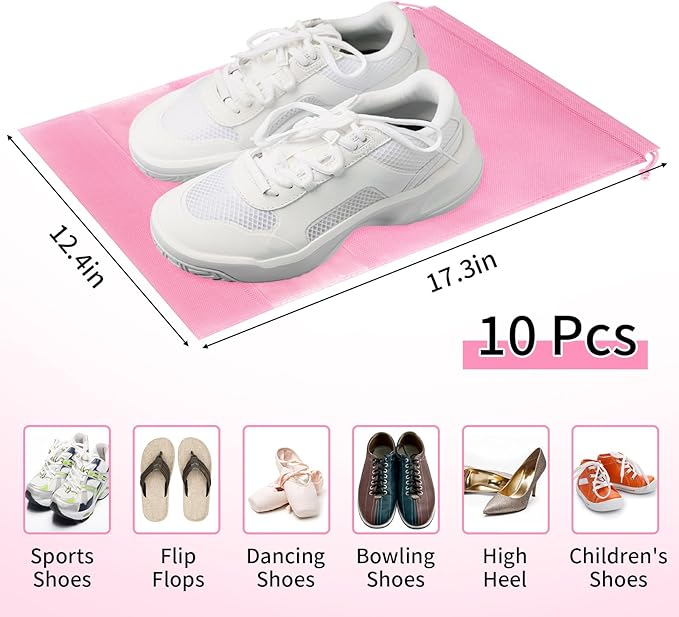 Large Pink Travel Shoe Bags - 10 Pcs, Non-Woven Drawstring with Clear Window (12.6" X 17.3")