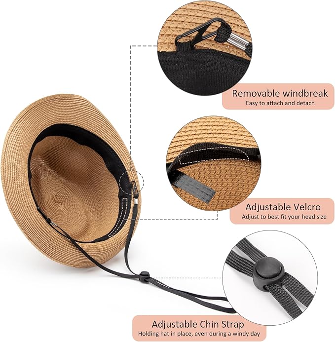 DRESHOW Women Straw Panama Hat Travel Fedora Beach Sun Hat Summer Wide Brim Straw Roll up Hat UPF 50+