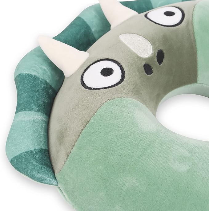 Sexysamba Cartoon Headrest & Neck Pillow for Kids Boys & Girls, Teens, Travel Accessories for Airplane, Car, Recline, Memory Foam Cute Travel Pillow with Sleep Eye Mask - Green Triceratops