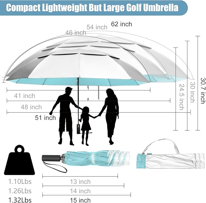 62/54/46 Inch Umbrellas for Rain Large Travel Compact Golf Umbrella Inverted Windproof Double Canopy 10 Ribs Automatic Open/Close UPF50+ Sun UV Protection