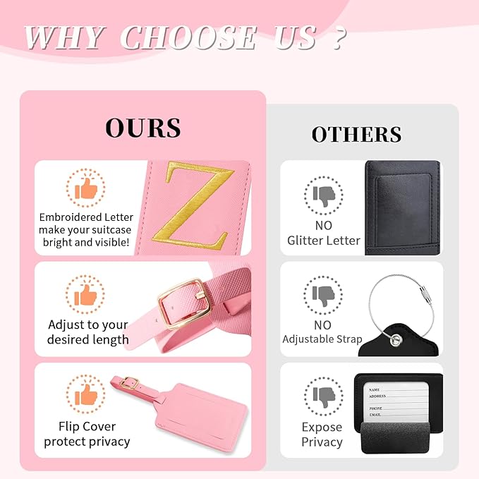 Personalized Initial Luggage Tags for Suitcase, Pink Leather Cute Luggage Tags with Privacy Cover Name Card, Embroidered Custom Monogrammed Luggage Tag Travel Bag Baggage Tags Gifts for Women Kids(Z)