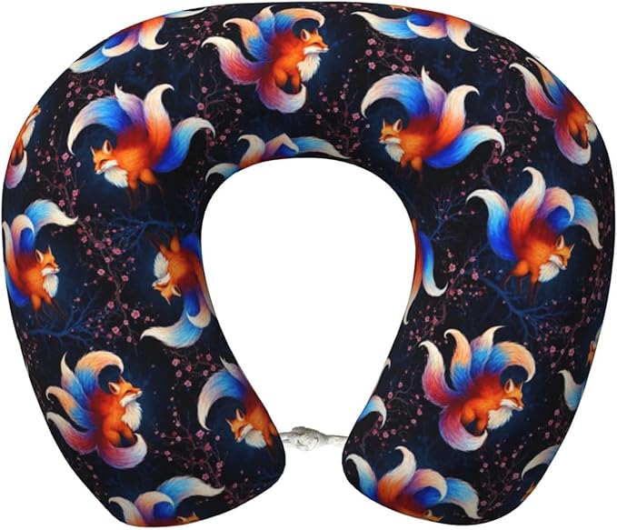 Unique Travel U Shaped Pillows Cherry Flowers Blossom Magic Anime Fox for Airplanes Car Flight, Comfortable Chin Head Neck Cushion Supporting, Polyester Removable Cover