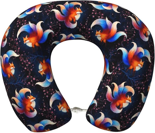 Unique Travel U Shaped Pillows Cherry Flowers Blossom Magic Anime Fox for Airplanes Car Flight, Comfortable Chin Head Neck Cushion Supporting, Polyester Removable Cover