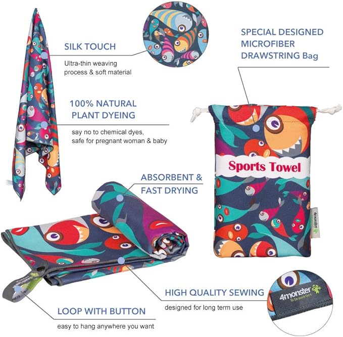 4Monster Microfiber Beach Towel Quick Dry,Super Absorbent Lightweight Travel Towel for Swimmers, Sand Free Camping Towel, Beach Towels for Pool,Swim,Water Sports,Yoga