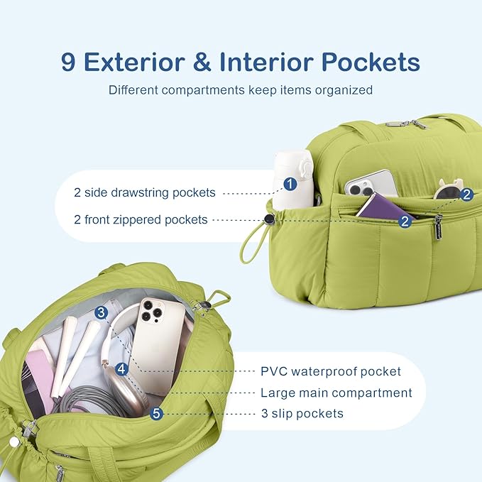 TOPDesign Travel Duffel Bag for Women, Puffer Gym Bag Sports Tote with Wet Pocket, Carry On Weekender with Luggage Sleeve (Light Green)