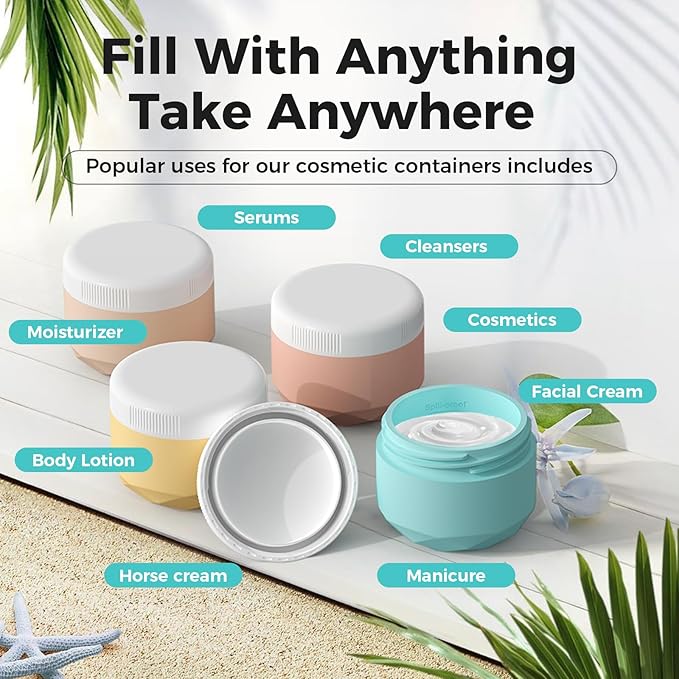 Travel Containers for Toiletries, 4-Pack TSA Approved Silicone Jars (1.7oz) - BPA Free Leakproof Cosmetic Containers for Creams, Lotion, Skincare & Makeup with Bonus Waterproof Bag