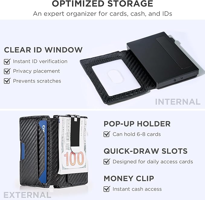 RFID Blocking Slim Wallet for Men w/Metal Pop Up Credit Card Holder & Money Clip, Minimalist Carbon Fiber Bifold Front Pocket Wallet