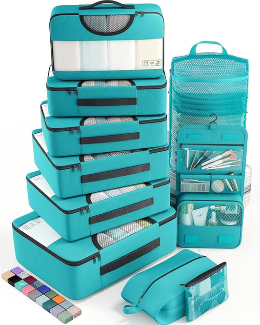 Veken 10 Set Packing Cubes for Kids & Toddler, Airplane Travel Essentials, Beach Vacation & Road Trip Suitcase Organizer Bags Set for Luggage, with Hanging Toiletry & Shoe Bag