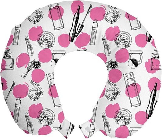 Ambesonne Feminine Travel Pillow Neck Rest, Repetitive Perfume Lipstick Makeup Care Items with Sketchy Dots Print, Memory Foam Traveling Accessory for Airplane and Car, 12", Pink Charcoal